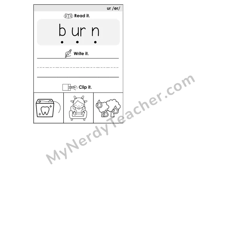 UR R-Controlled Vowel Phonics Flip Book — Blend, Segment, Write & Clip — B&W