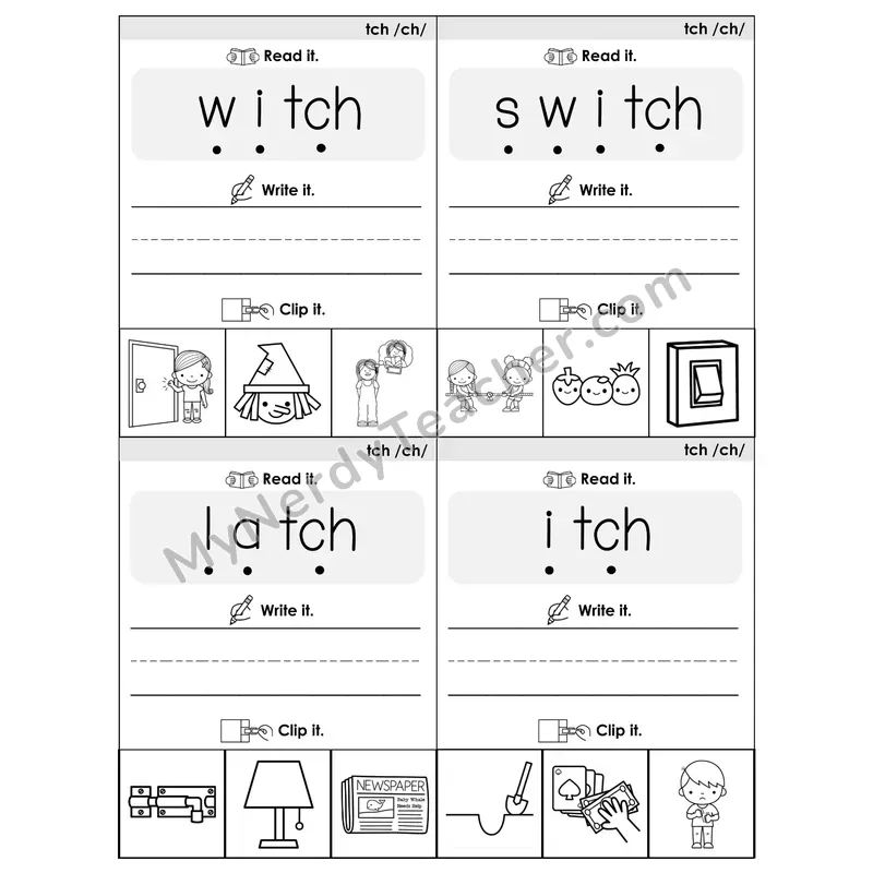 TCH Trigraph Phonics Flip Book — Blend, Segment, Write & Clip — B&W