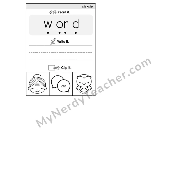 W+OR (/wur/) Phonics Flip Book — Blend, Segment, Write & Clip — B&W
