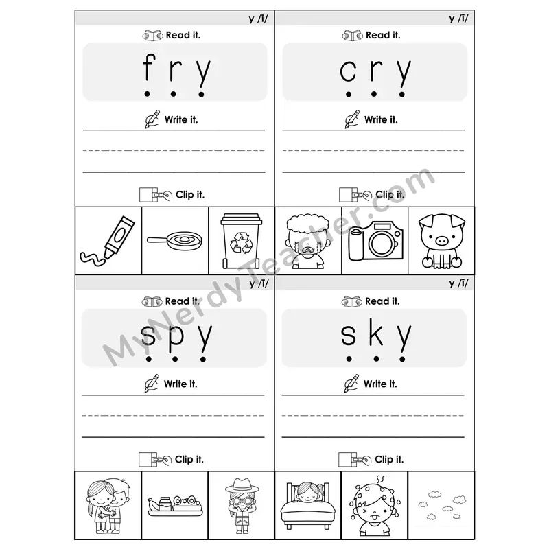 Y as Long I Phonics Flip Book — Blend, Segment, Write & Clip — B&W