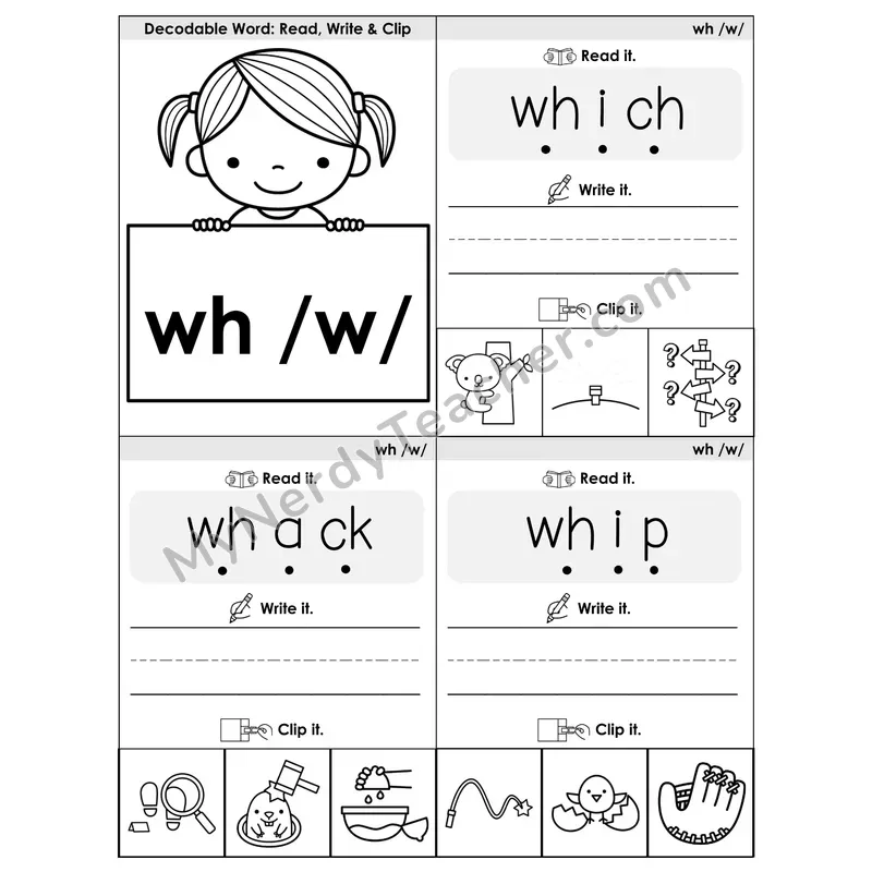 WH Digraph Phonics Flip Book — Blend, Segment, Write & Clip — B&W