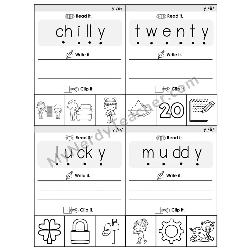 Y as Long E Phonics Flip Book — Blend, Segment, Write & Clip — B&W