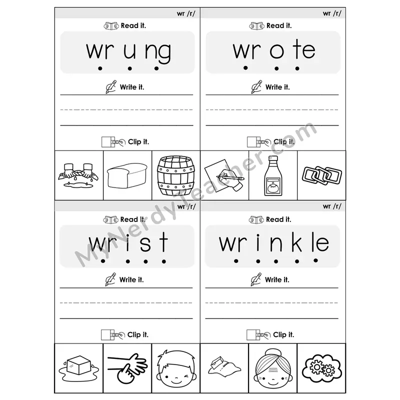 WR Silent Letter Phonics Flip Book — Blend, Segment, Write & Clip — B&W