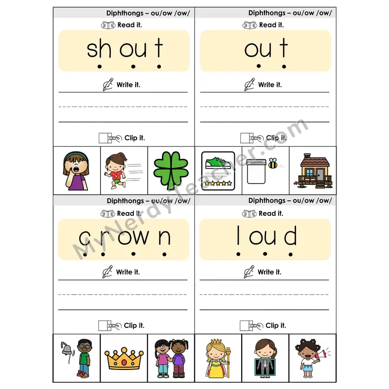 OU/OW Diphthongs Phonics Flip Book — Blend, Segment, Write & Clip
