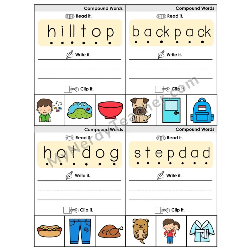 Compound Words Phonics Flip Book — Blend, Segment, Write & Clip