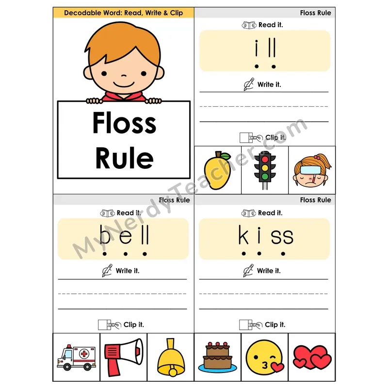 Floss Rule (-ff, -ll, -ss, -zz) Phonics Flip Book — Blend, Segment, Write & Clip