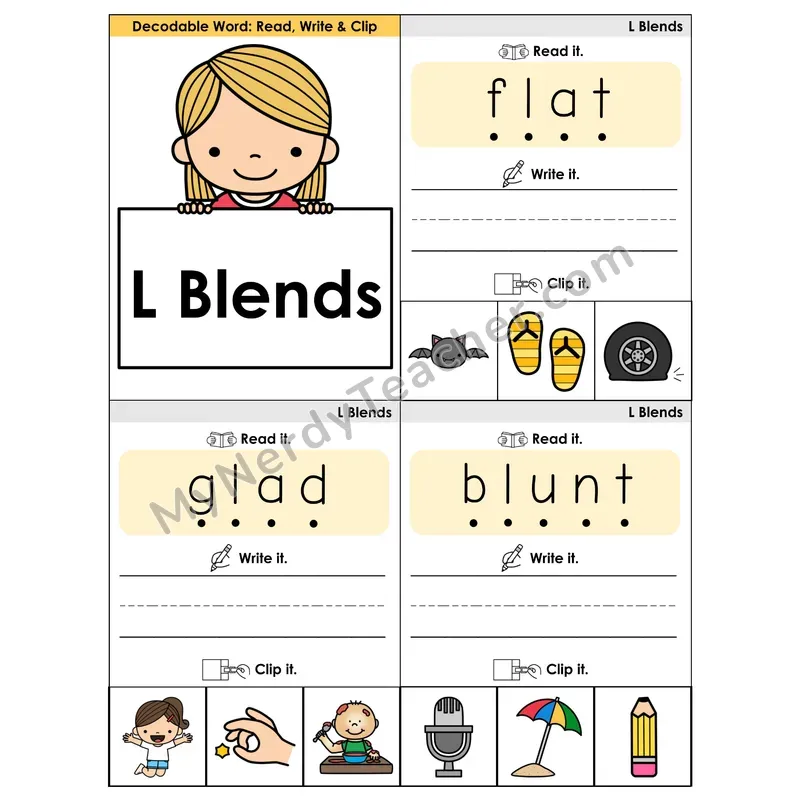 L Blends Phonics Flip Book — Blend, Segment, Write & Clip