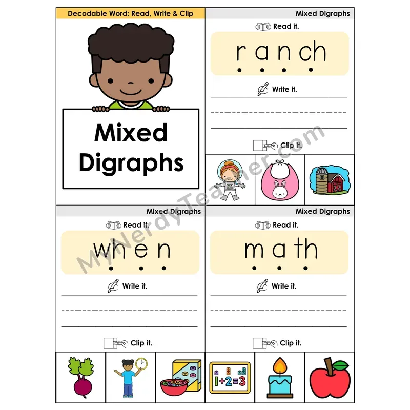 Mixed Digraphs Review Phonics Flip Book — Blend, Segment, Write & Clip