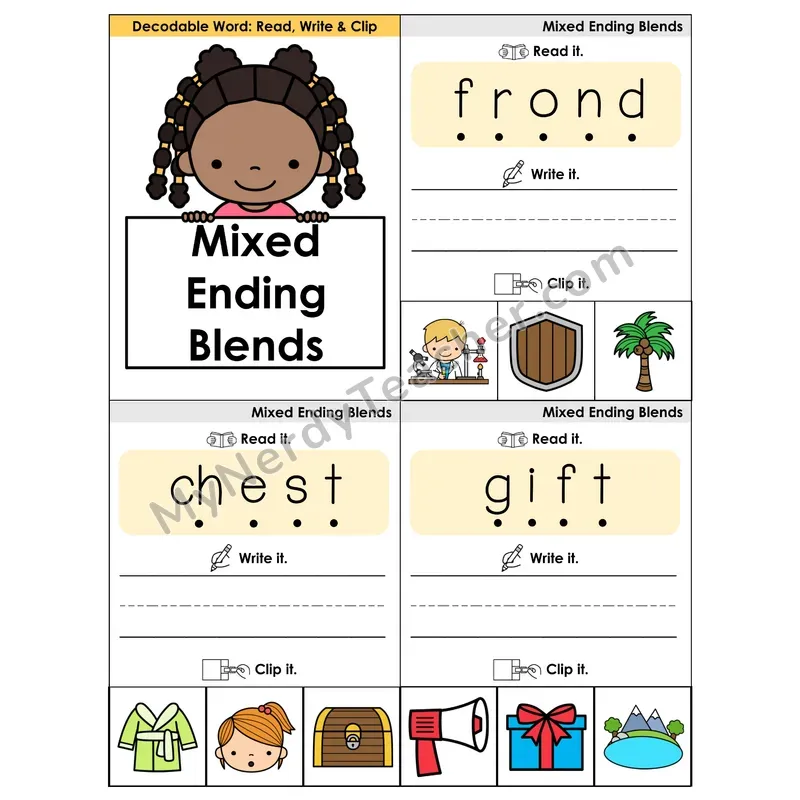 Mixed Ending Blends Review Phonics Flip Book — Blend, Segment, Write & Clip