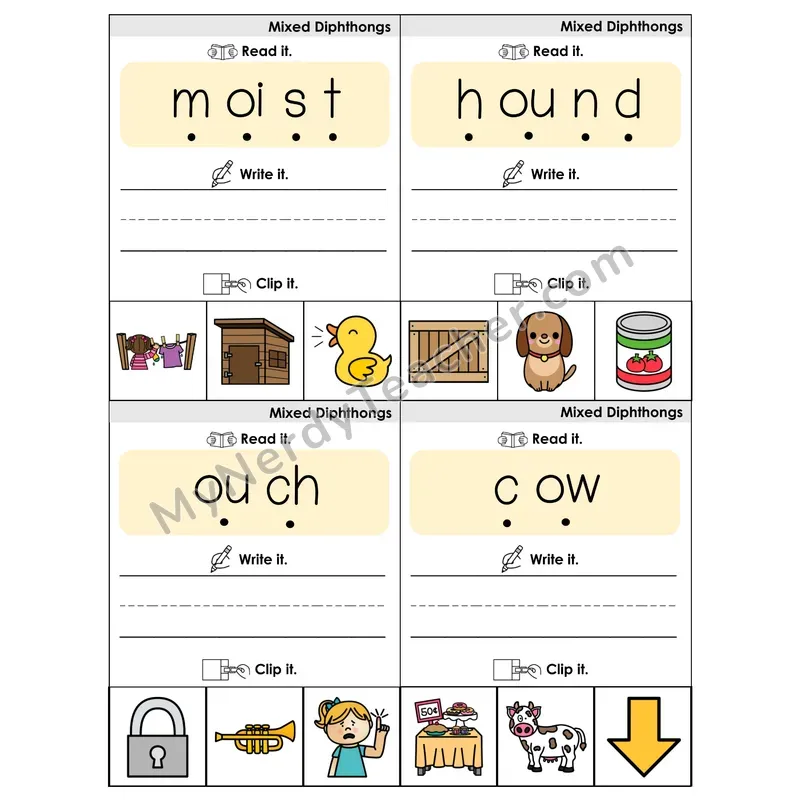 Mixed Diphthongs Review Phonics Flip Book — Blend, Segment, Write & Clip