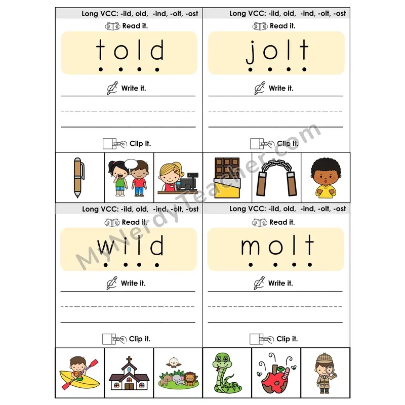 Long VCC (-ild, -old, -ind, -olt, -ost) Phonics Flip Book — Blend, Segment, Write & Clip