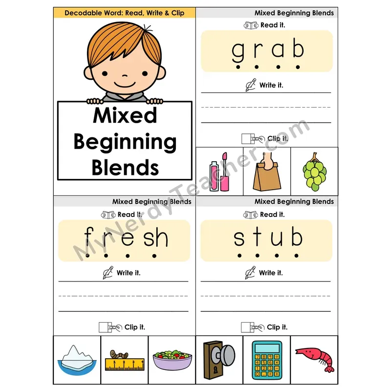 Mixed Beginning Blends Review Phonics Flip Book — Blend, Segment, Write & Clip