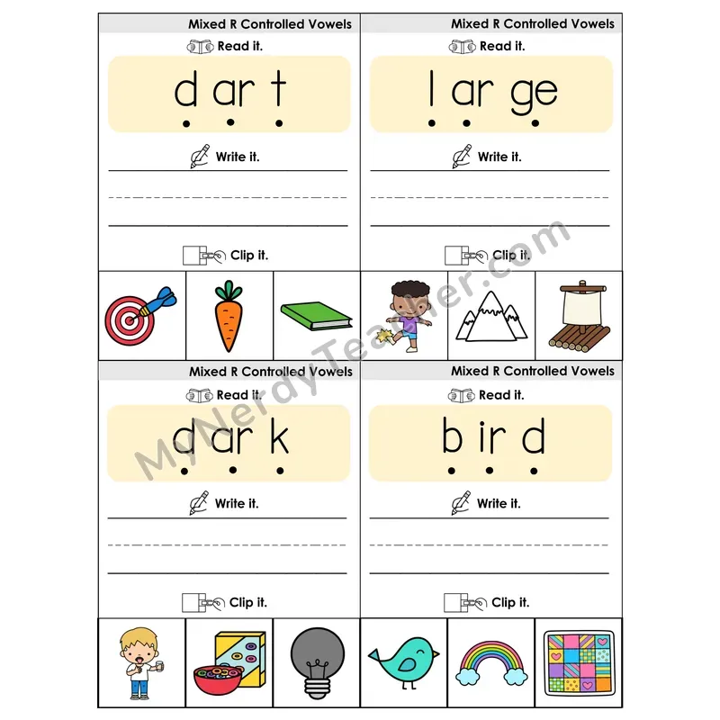 Mixed R-Controlled Vowels Review Phonics Flip Book — Blend, Segment, Write & Clip