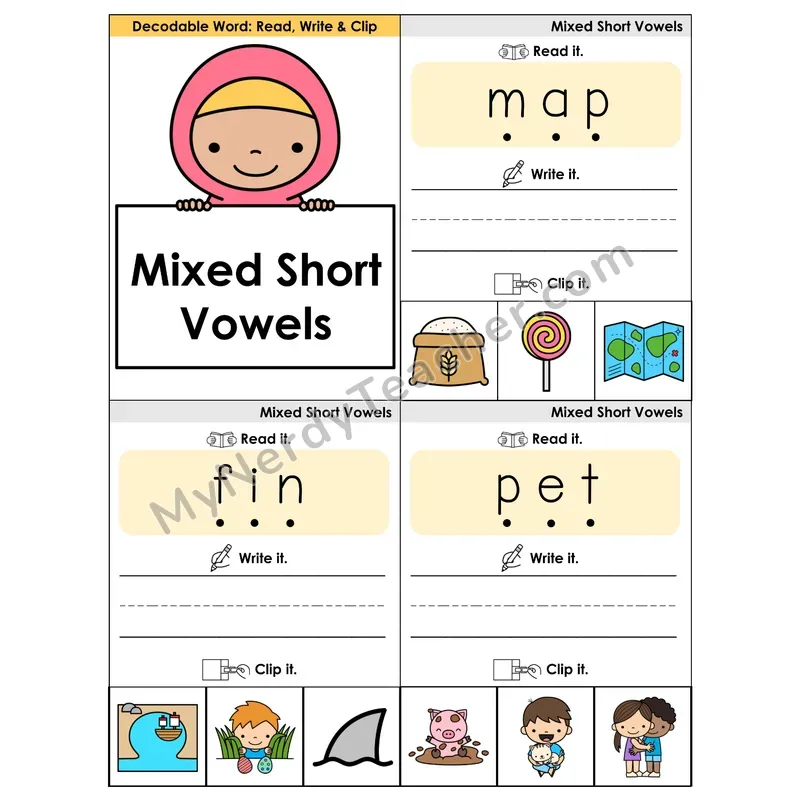 Mixed Short Vowels Review Phonics Flip Book — Blend, Segment, Write & Clip