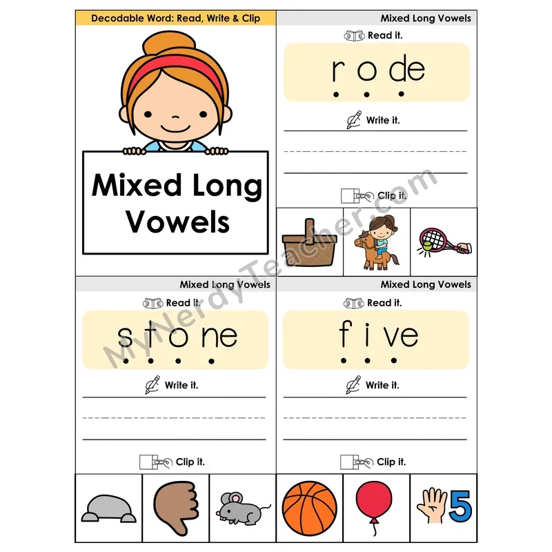Mixed Long Vowels Review Phonics Flip Book — Blend, Segment, Write & Clip