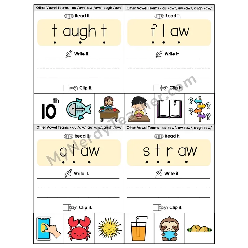 AU/AW/AUGH Vowel Teams Phonics Flip Book — Blend, Segment, Write & Clip