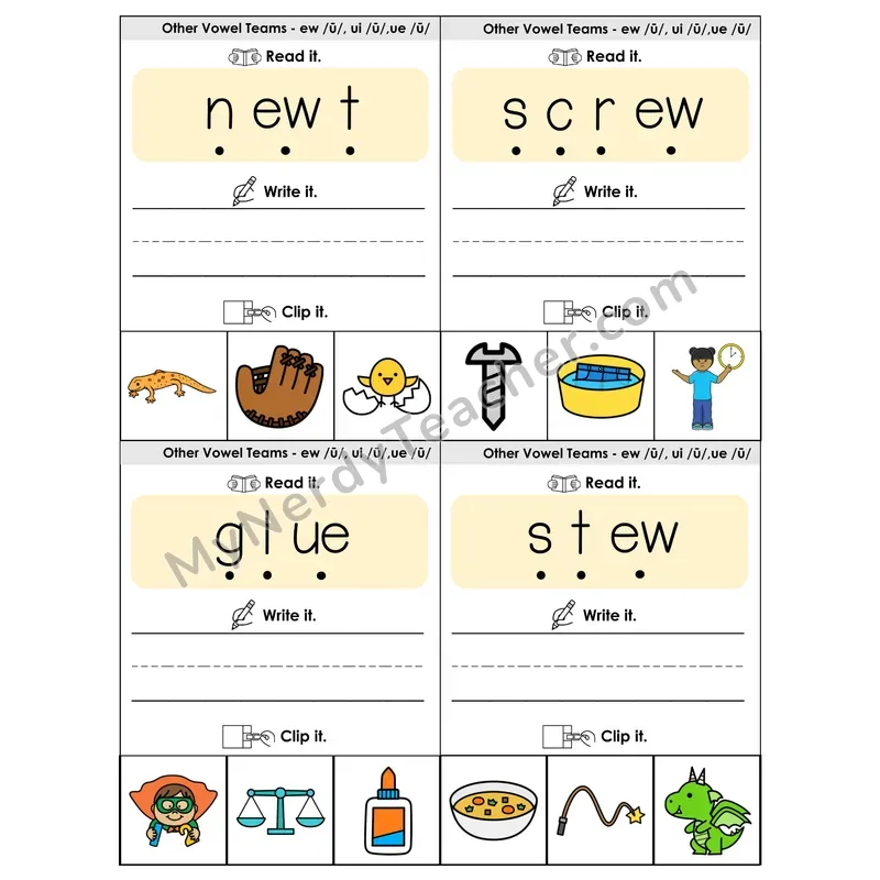 EW/UI/UE Vowel Teams Phonics Flip Book — Blend, Segment, Write & Clip