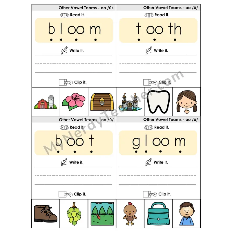 OO (Long) Vowel Teams Phonics Flip Book — Blend, Segment, Write & Clip