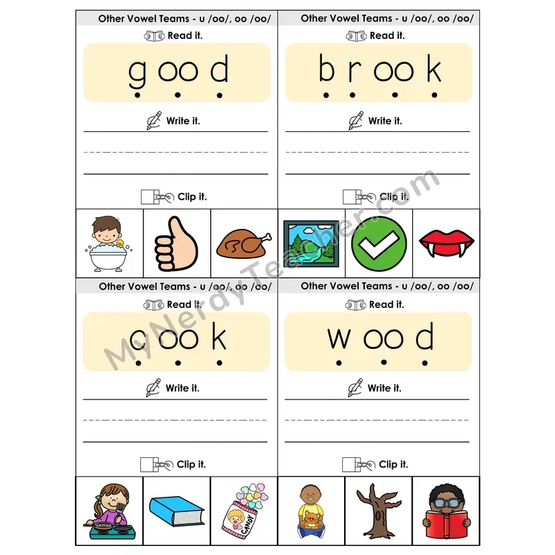 U/OO (Short) Vowel Teams Phonics Flip Book — Blend, Segment, Write & Clip