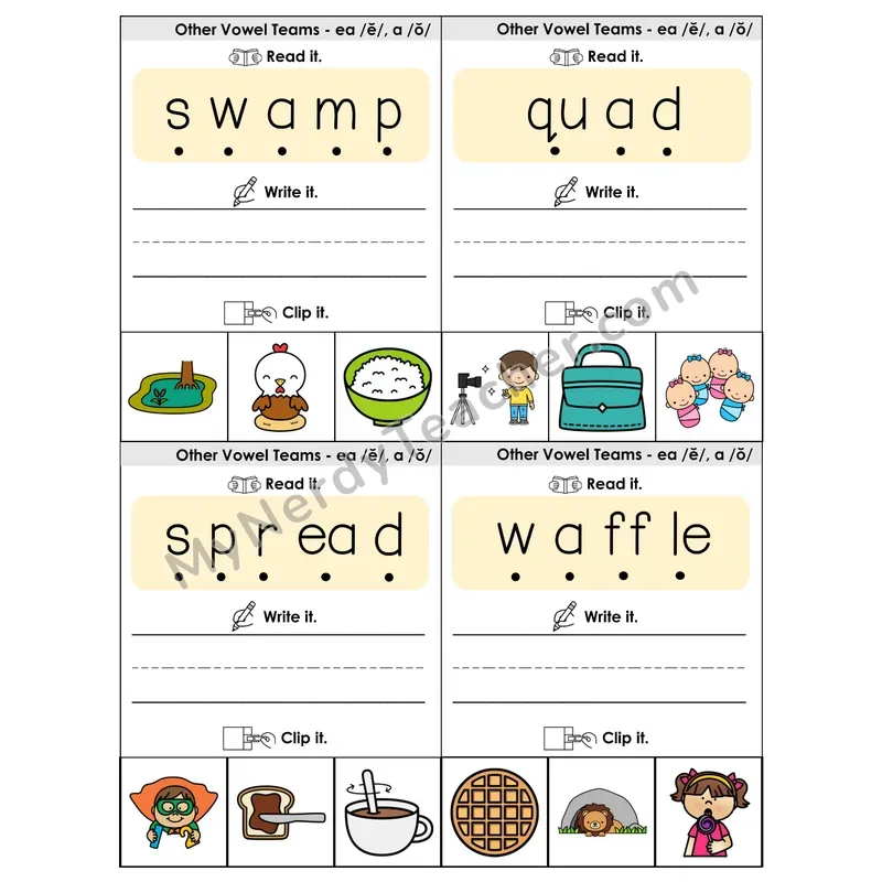 EA (Short /e/) Vowel Teams Phonics Flip Book — Blend, Segment, Write & Clip