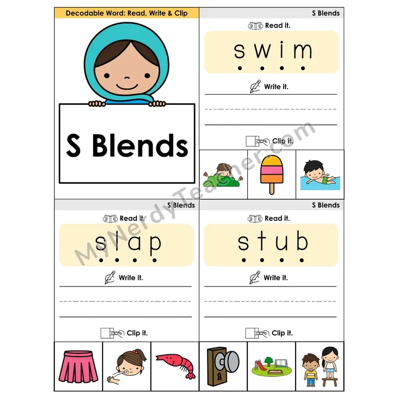 S Blends Phonics Flip Book — Blend, Segment, Write & Clip