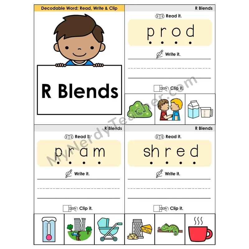 R Blends Phonics Flip Book — Blend, Segment, Write & Clip