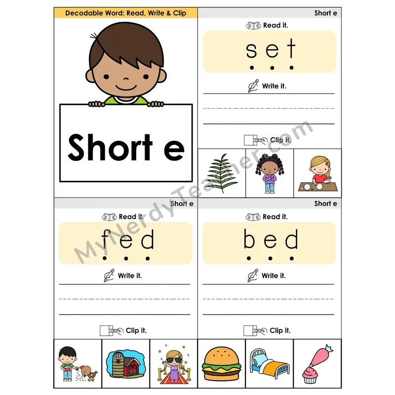 Short E CVC Words Phonics Flip Book — Blend, Segment, Write & Clip