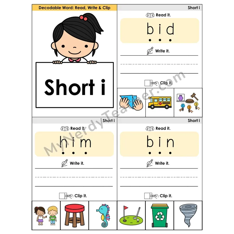 Short I CVC Words Phonics Flip Book — Blend, Segment, Write & Clip