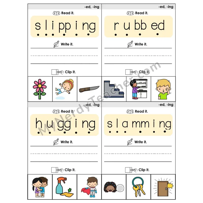 Suffix Spelling Changes: Doubling Rule (-ed, -ing) Phonics Flip Book — Blend, Segment, Write & Clip