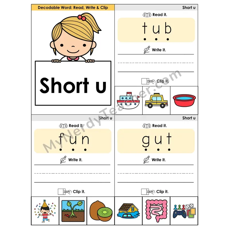 Short U CVC Words Phonics Flip Book — Blend, Segment, Write & Clip