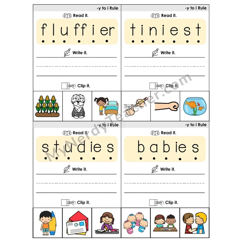 Suffix Spelling Changes: Y-to-I Rule Phonics Flip Book — Blend, Segment, Write & Clip