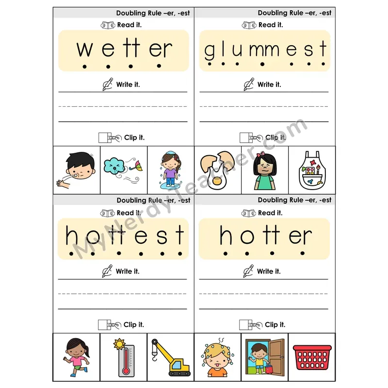 Suffix Spelling Changes: Doubling Rule (-er, -est) Phonics Flip Book — Blend, Segment, Write & Clip