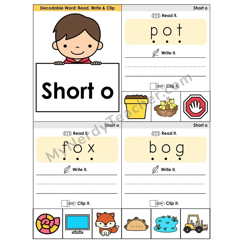 Short O CVC Words Phonics Flip Book — Blend, Segment, Write & Clip