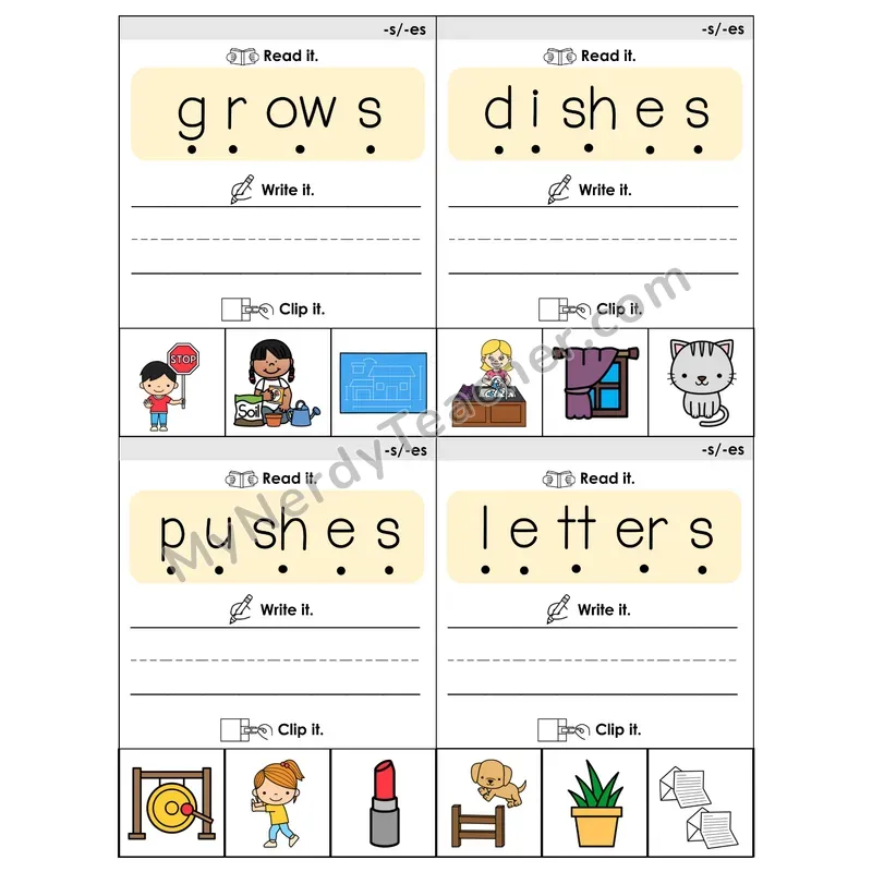 Suffixes -S/-ES Phonics Flip Book — Blend, Segment, Write & Clip