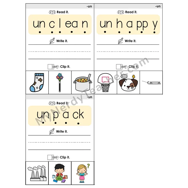 Prefix UN- Phonics Flip Book — Blend, Segment, Write & Clip