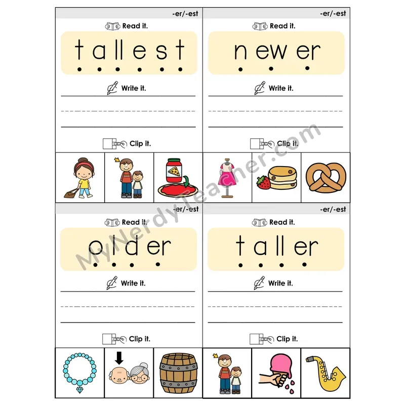 Suffixes -ER/-EST Phonics Flip Book — Blend, Segment, Write & Clip