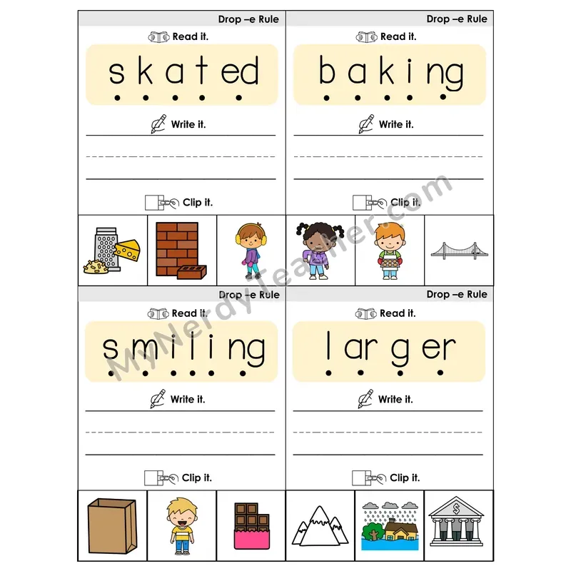 Suffix Spelling Changes: Drop-e Rule Phonics Flip Book — Blend, Segment, Write & Clip
