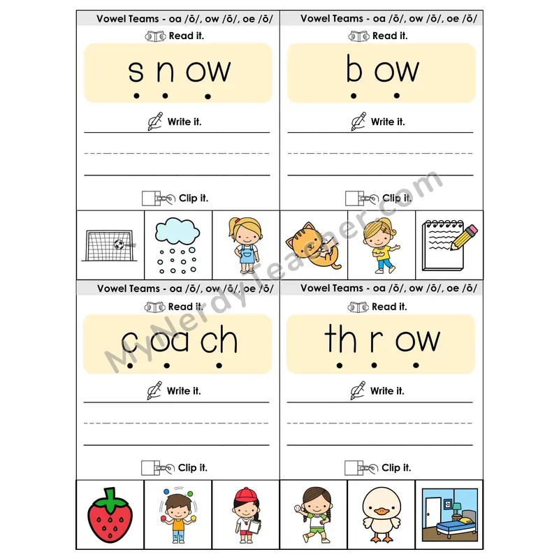 OA/OW/OE Vowel Teams Phonics Flip Book — Blend, Segment, Write & Clip