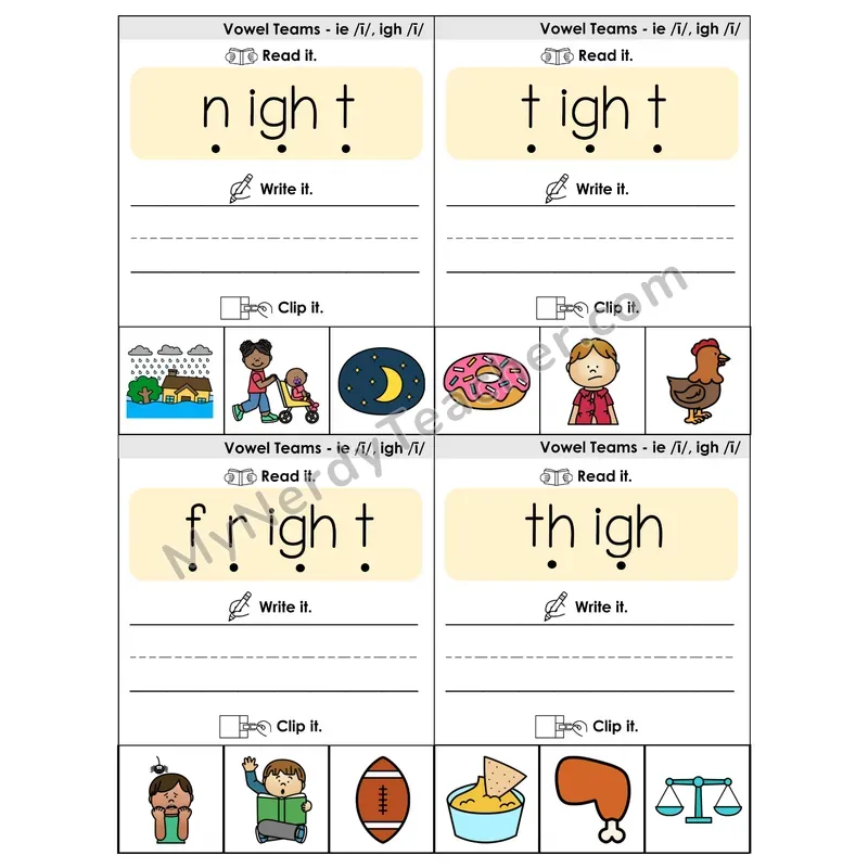 IE/IGH Vowel Teams Phonics Flip Book — Blend, Segment, Write & Clip