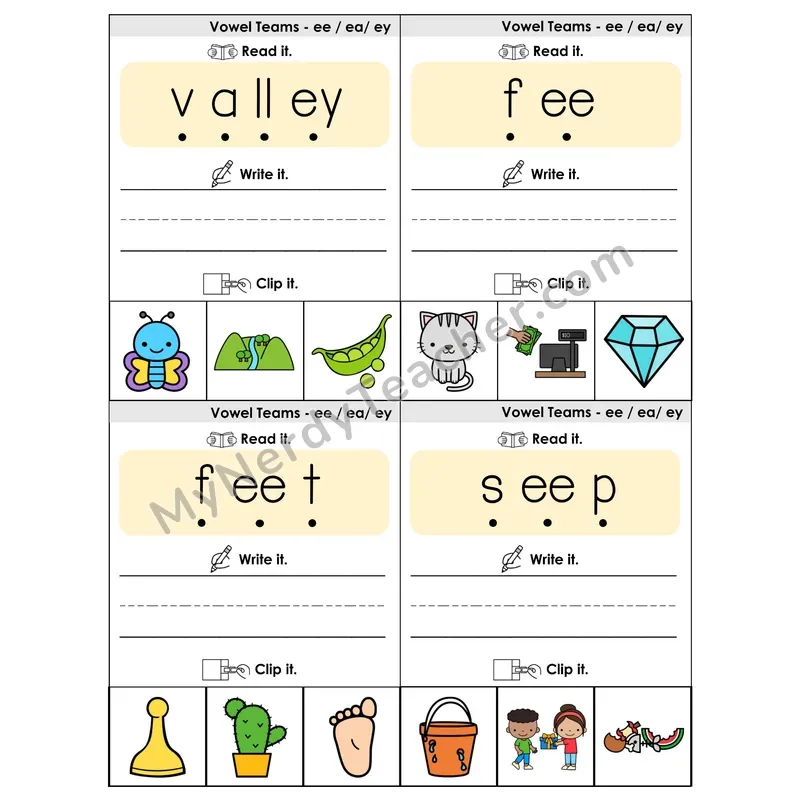 EE/EA/EY Vowel Teams Phonics Flip Book — Blend, Segment, Write & Clip
