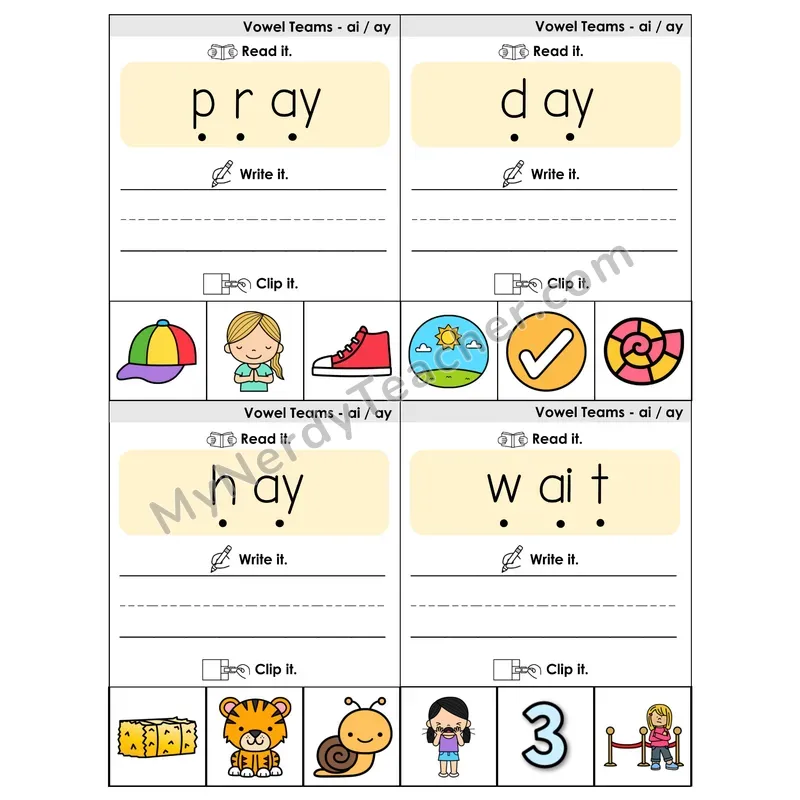 AI/AY Vowel Teams Phonics Flip Book — Blend, Segment, Write & Clip