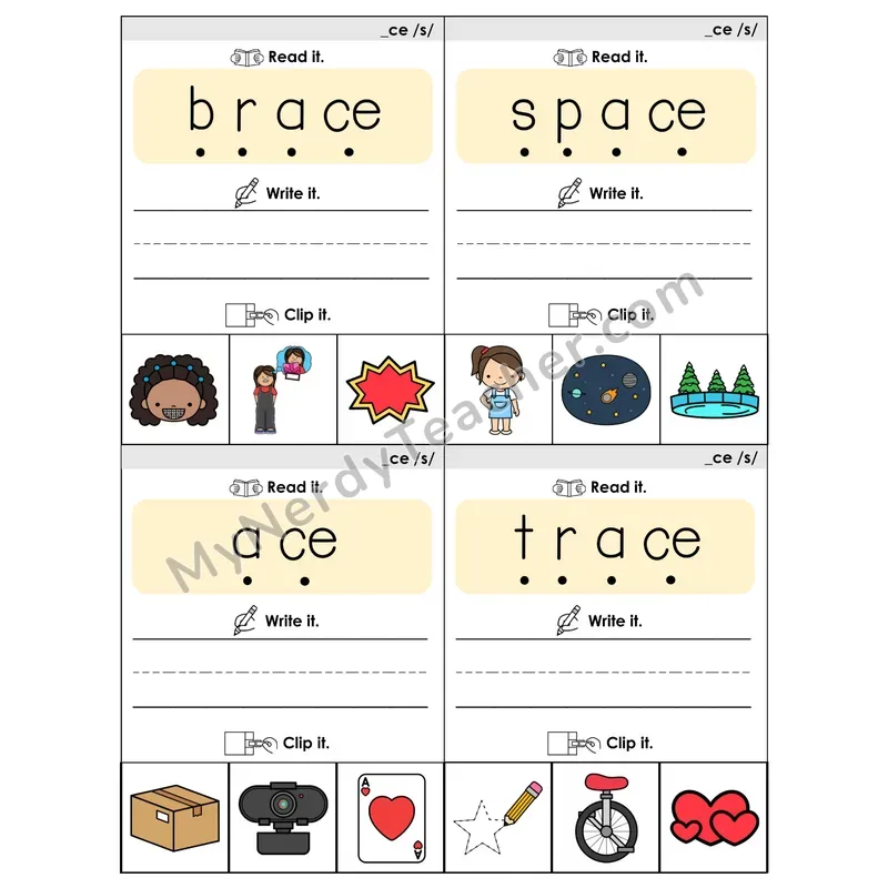 _CE (/s/) Spelling Pattern Phonics Flip Book — Blend, Segment, Write & Clip