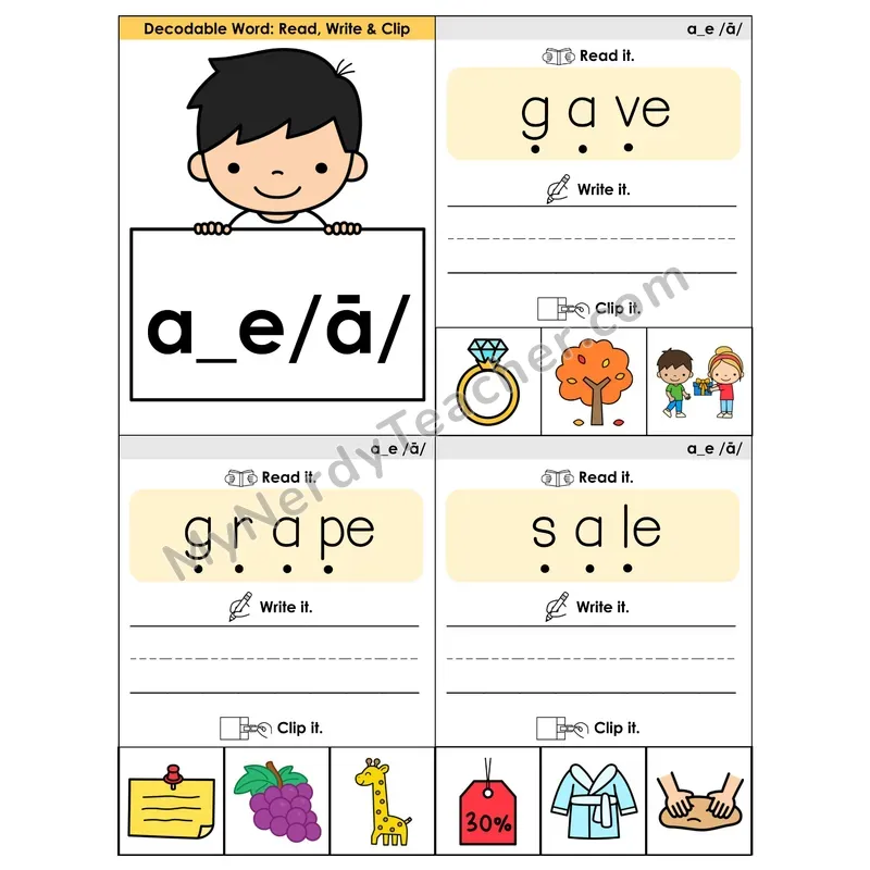 A_E (Long A) VCe Phonics Flip Book — Blend, Segment, Write & Clip