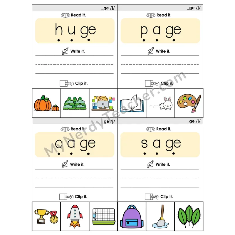 _GE (/j/) Spelling Pattern Phonics Flip Book — Blend, Segment, Write & Clip