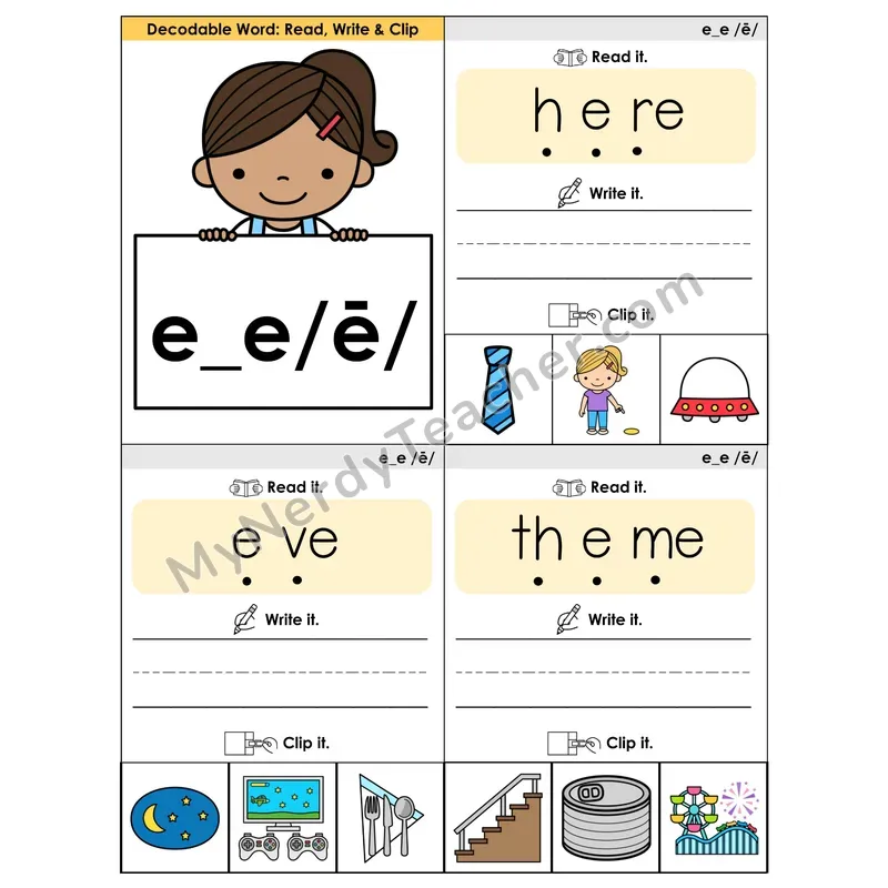 E_E (Long E) VCe Phonics Flip Book — Blend, Segment, Write & Clip