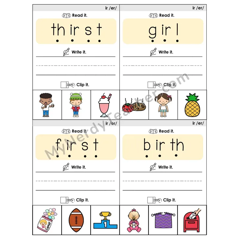 IR R-Controlled Vowel Phonics Flip Book — Blend, Segment, Write & Clip