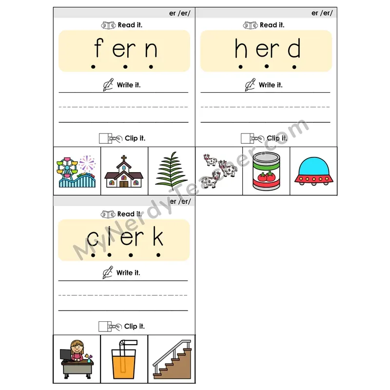 ER R-Controlled Vowel Phonics Flip Book — Blend, Segment, Write & Clip