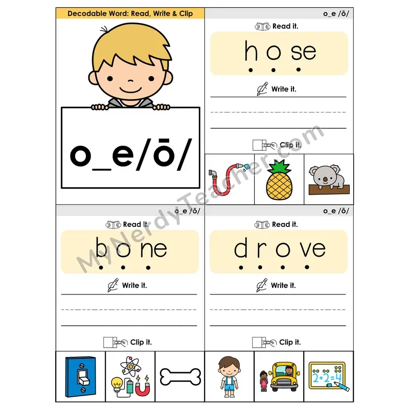 O_E (Long O) VCe Phonics Flip Book — Blend, Segment, Write & Clip