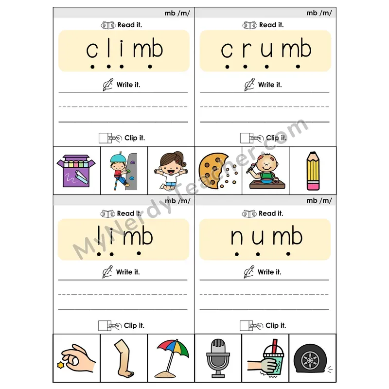 MB Silent Letter Phonics Flip Book — Blend, Segment, Write & Clip