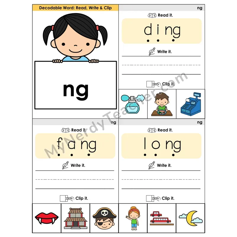 NG Digraph Phonics Flip Book — Blend, Segment, Write & Clip
